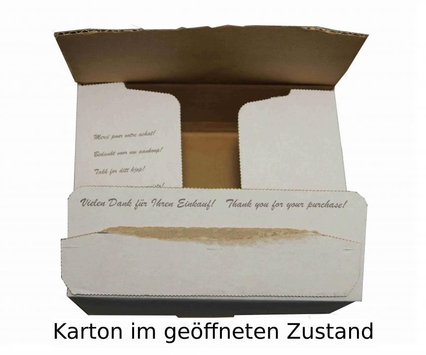 Kartonage "Vielen Dank für Ihren Einkauf" nach Öffnung sichtbar