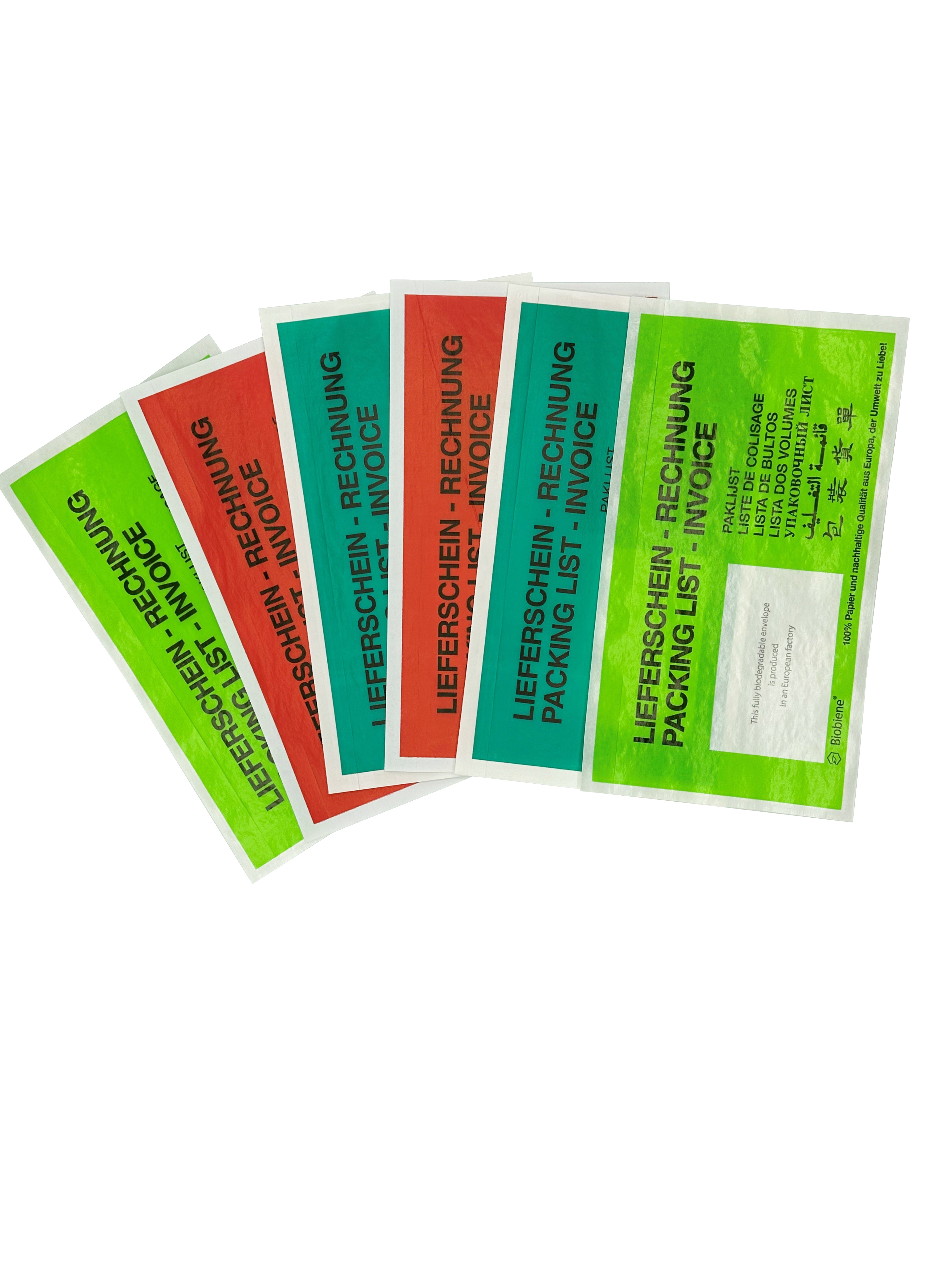 ECOLINE_Versandmaterial_Lieferscheintasche_Papier_dunkelgrün_hellgrün_rot_DIN_Lang