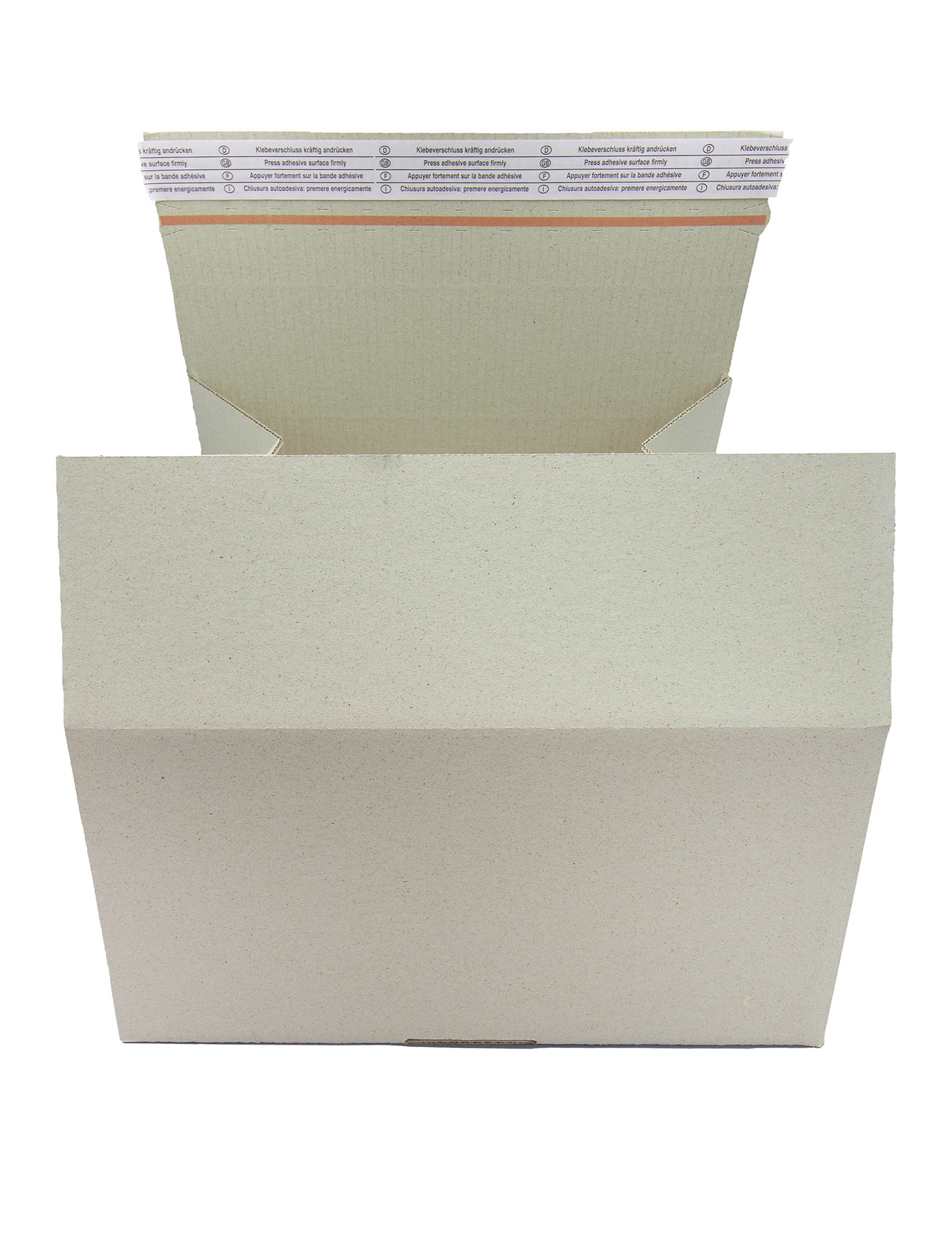 Automatkbodenkarton aus Graswellpappe mit Haftklebeverschluss und Aufreißfaden