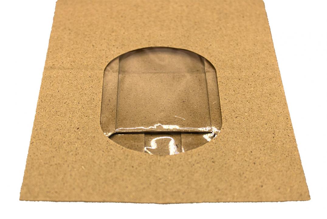 Blockbodenbeutel mit Fenster Nahaufnahme Front