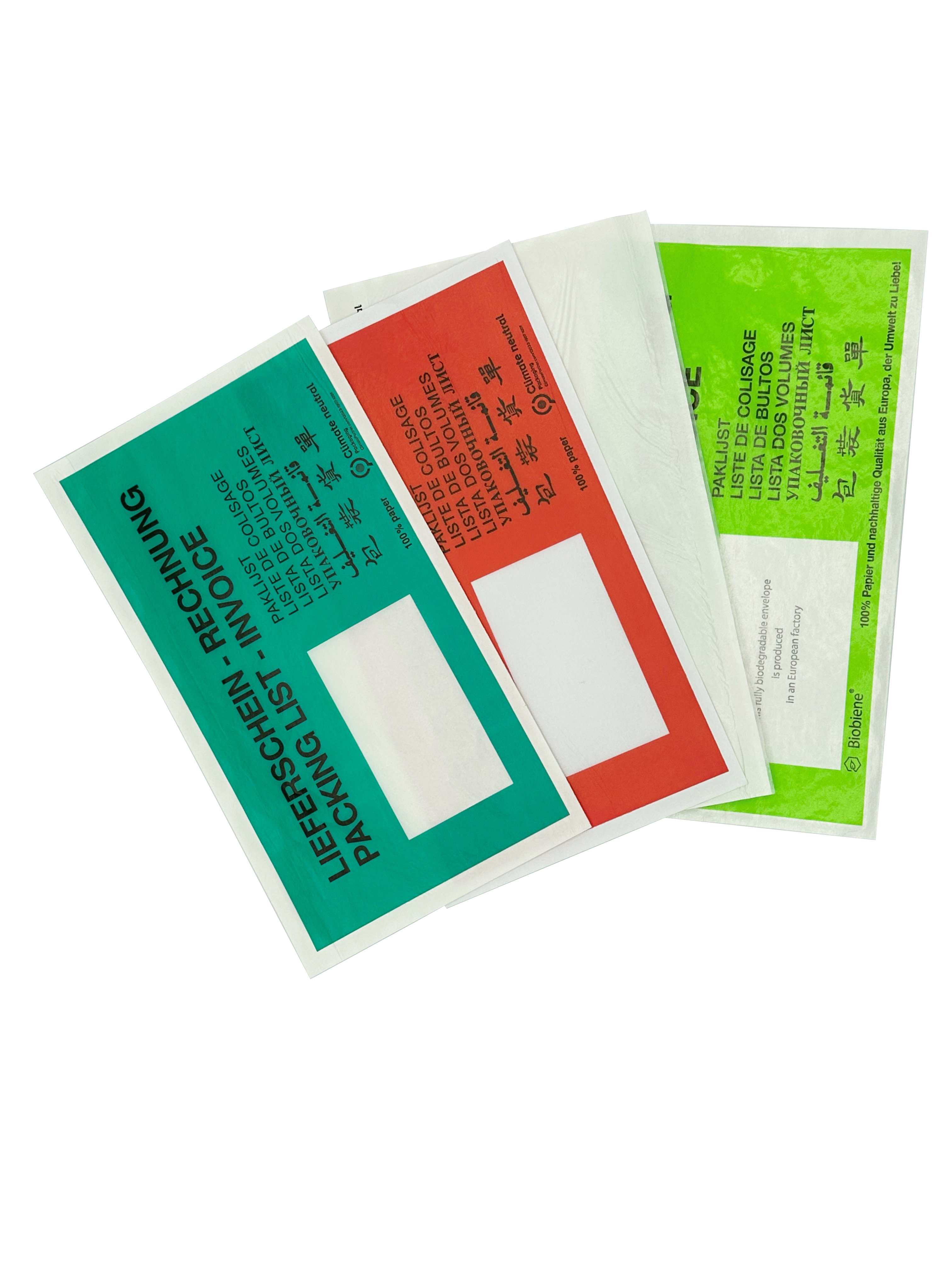 ECOLINE_Versandmaterial_Lieferscheintasche_Papier_dunkelgrün_hellgrün_rot_transparent_DIN_Lang