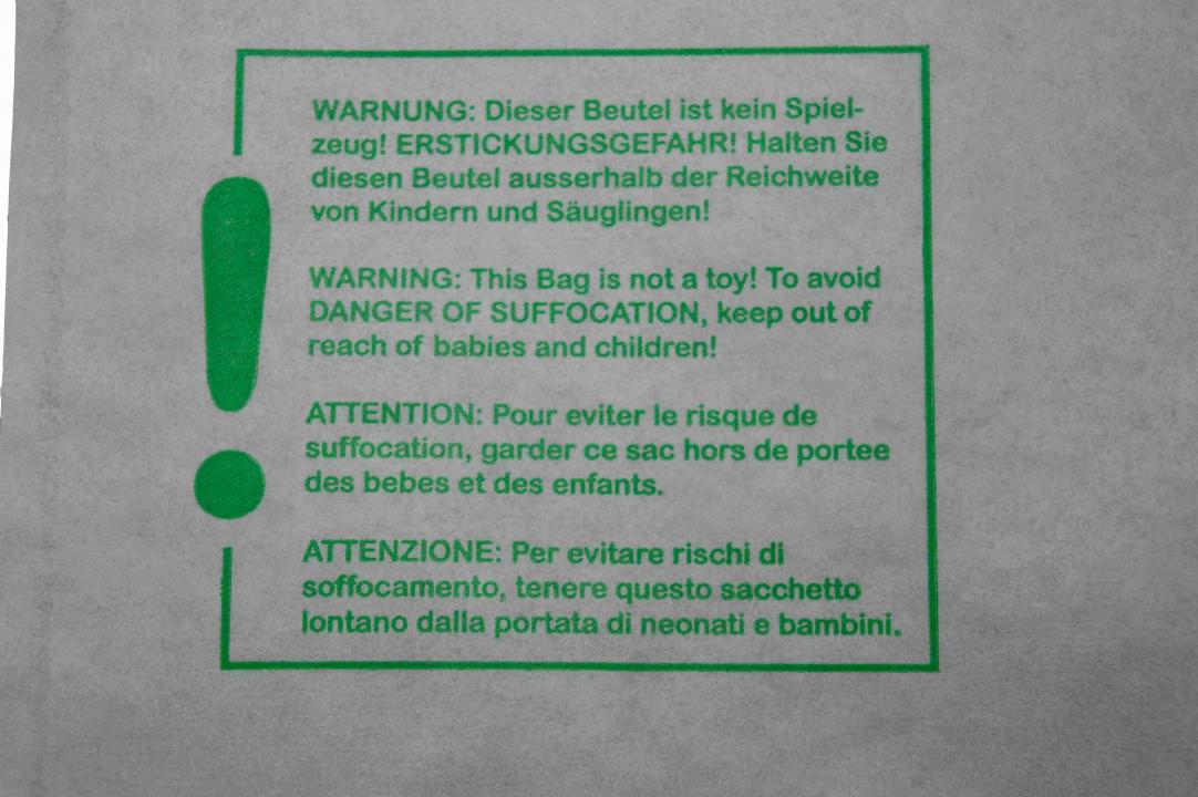 Erstickungshinweis auf Schutzhülle und Versandtasche aus Papier für Textilverpackungen