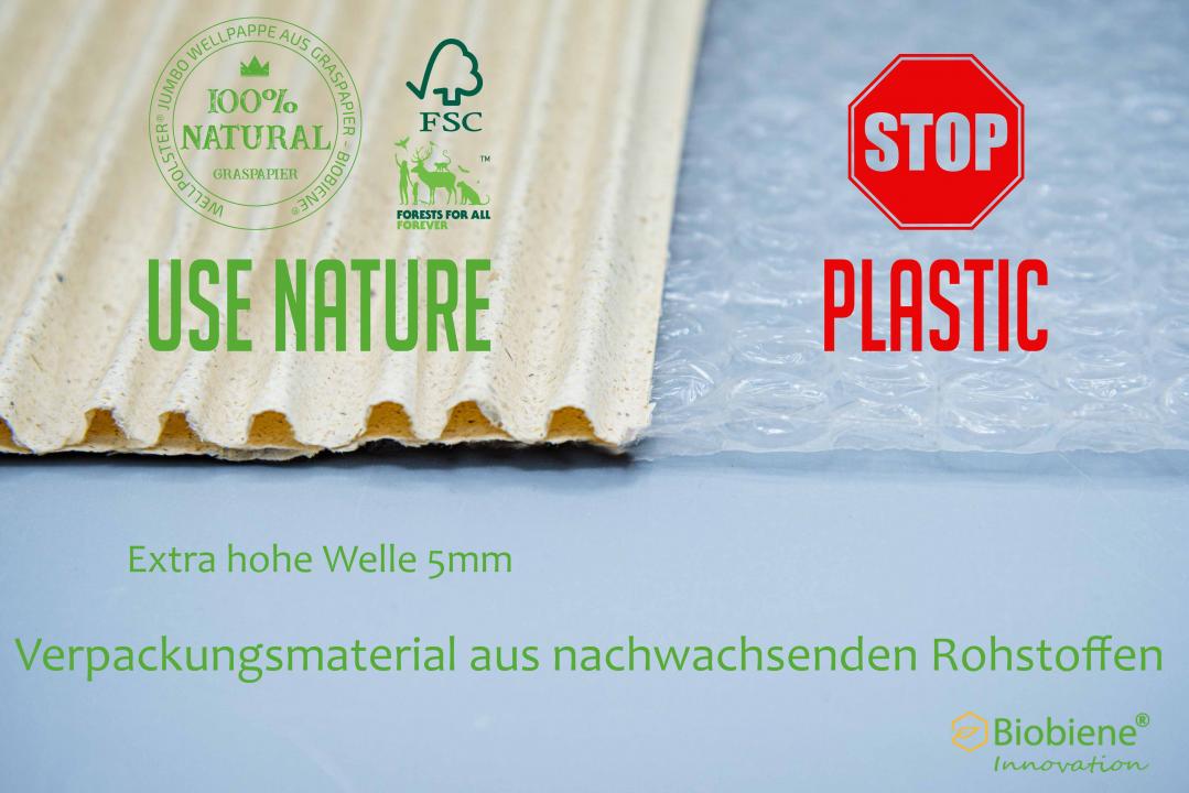 Verpackungsmaterial Biobiene Wellpolster® Jumbo Wellpappe aus Gras vs Plastik, Use Naturee - Stop Plastic